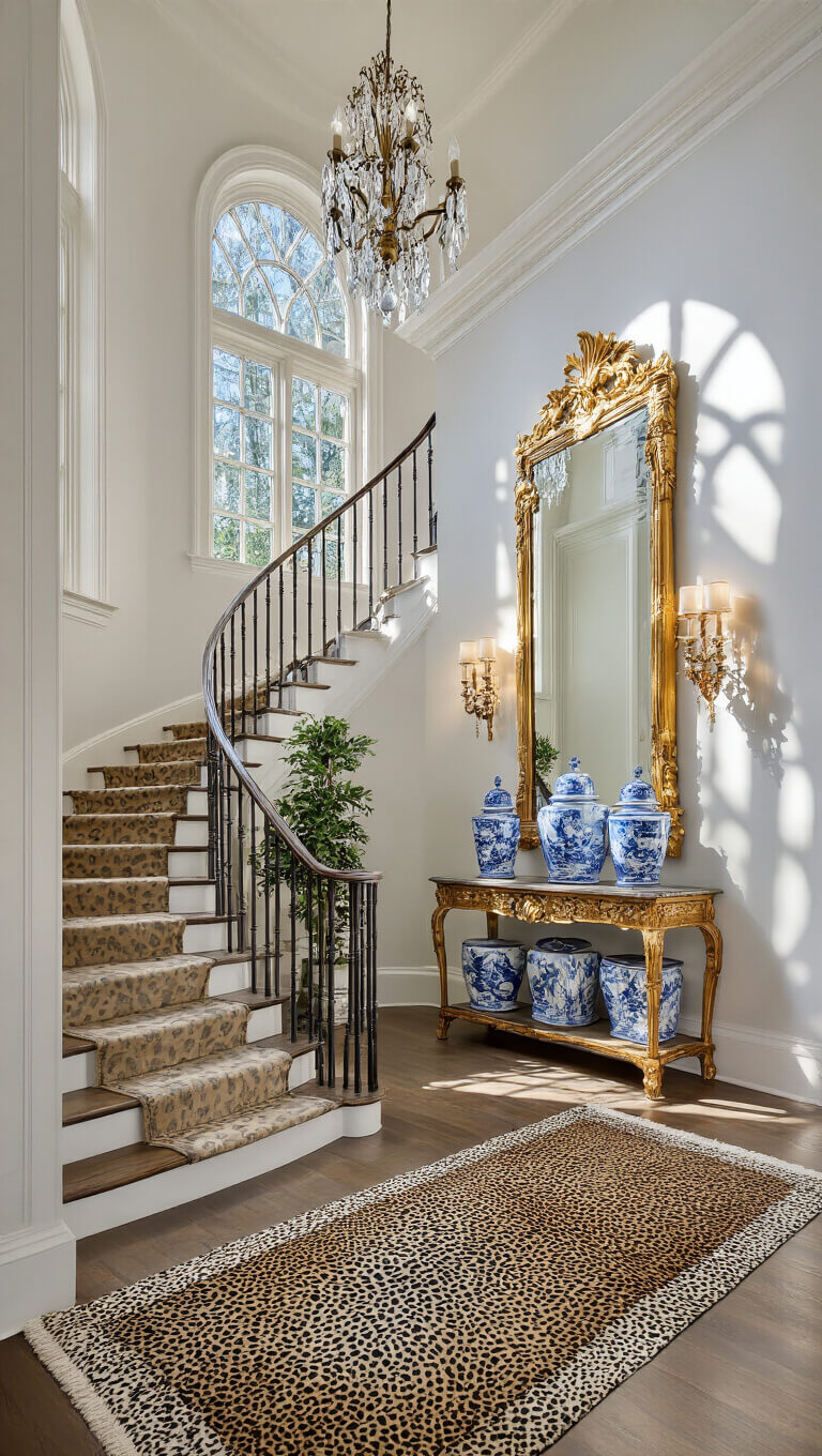 Grand foyer with sweeping staircase, animal print runner, blue and white chinoiserie on console, oversized ornate gold mirror, crystal sconces, and dramatic afternoon side lighting.