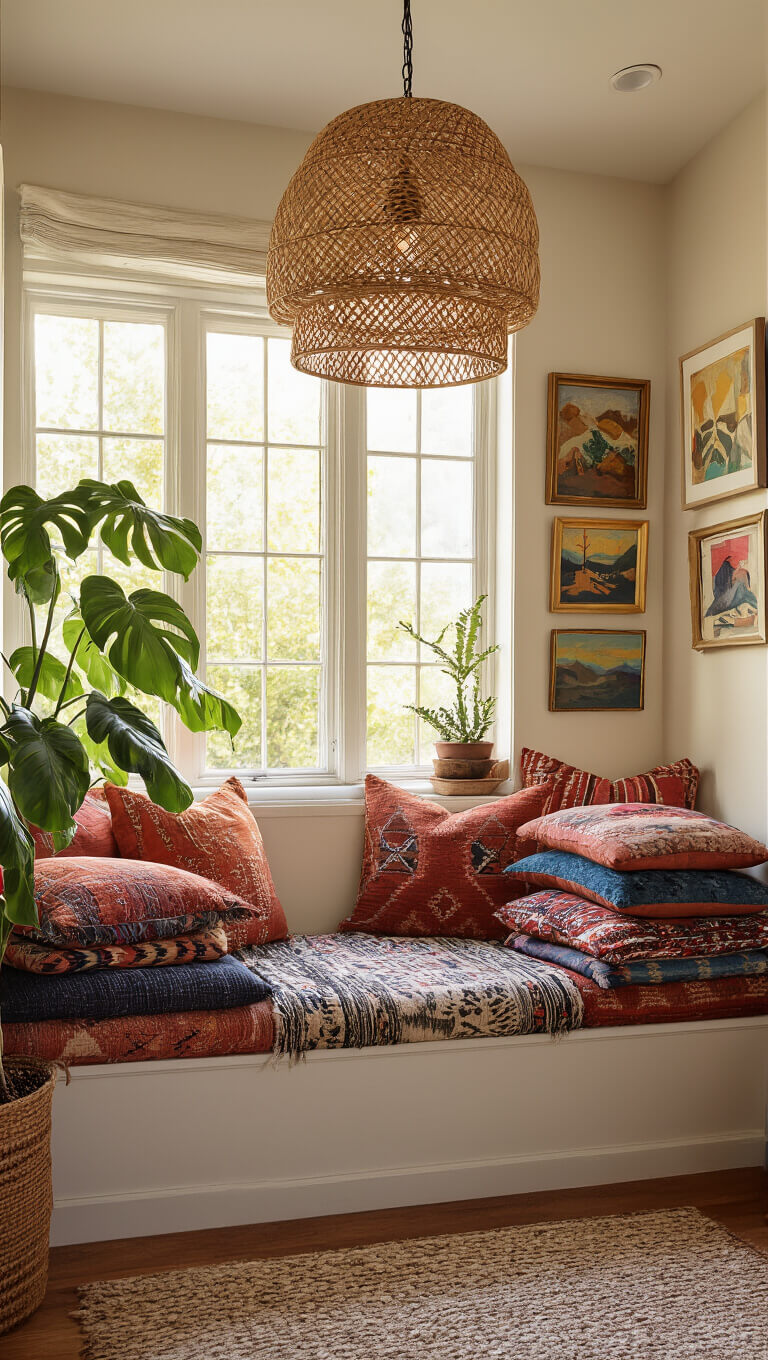 Cozy 8x10ft window seat with global textiles, vintage kilim cushions, and warm golden hour lighting, framed by a gallery wall and rattan pendant light.