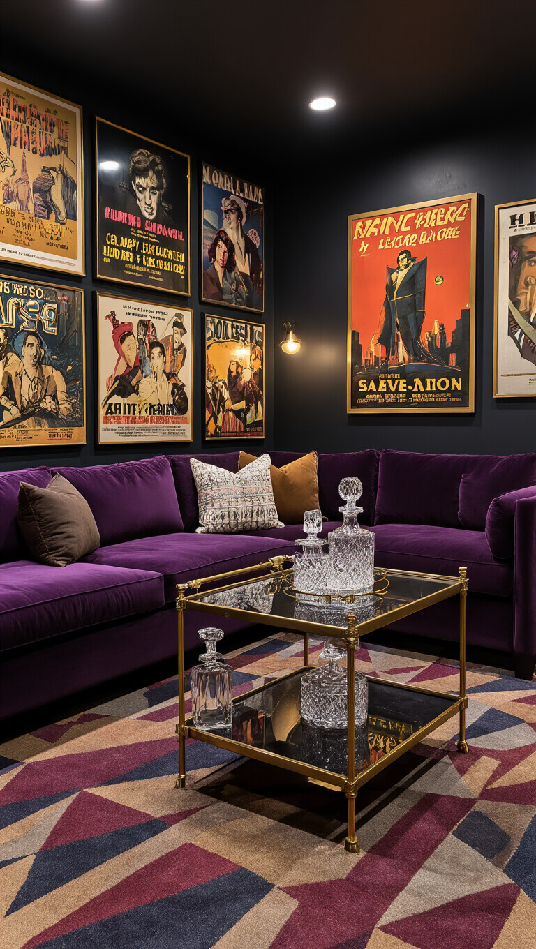 Maximalist entertainment room with dark walls, deep purple velvet sectional, vintage movie poster gallery wall, mid-century bar cart, jewel-toned geometric carpet, and ambient evening lighting.