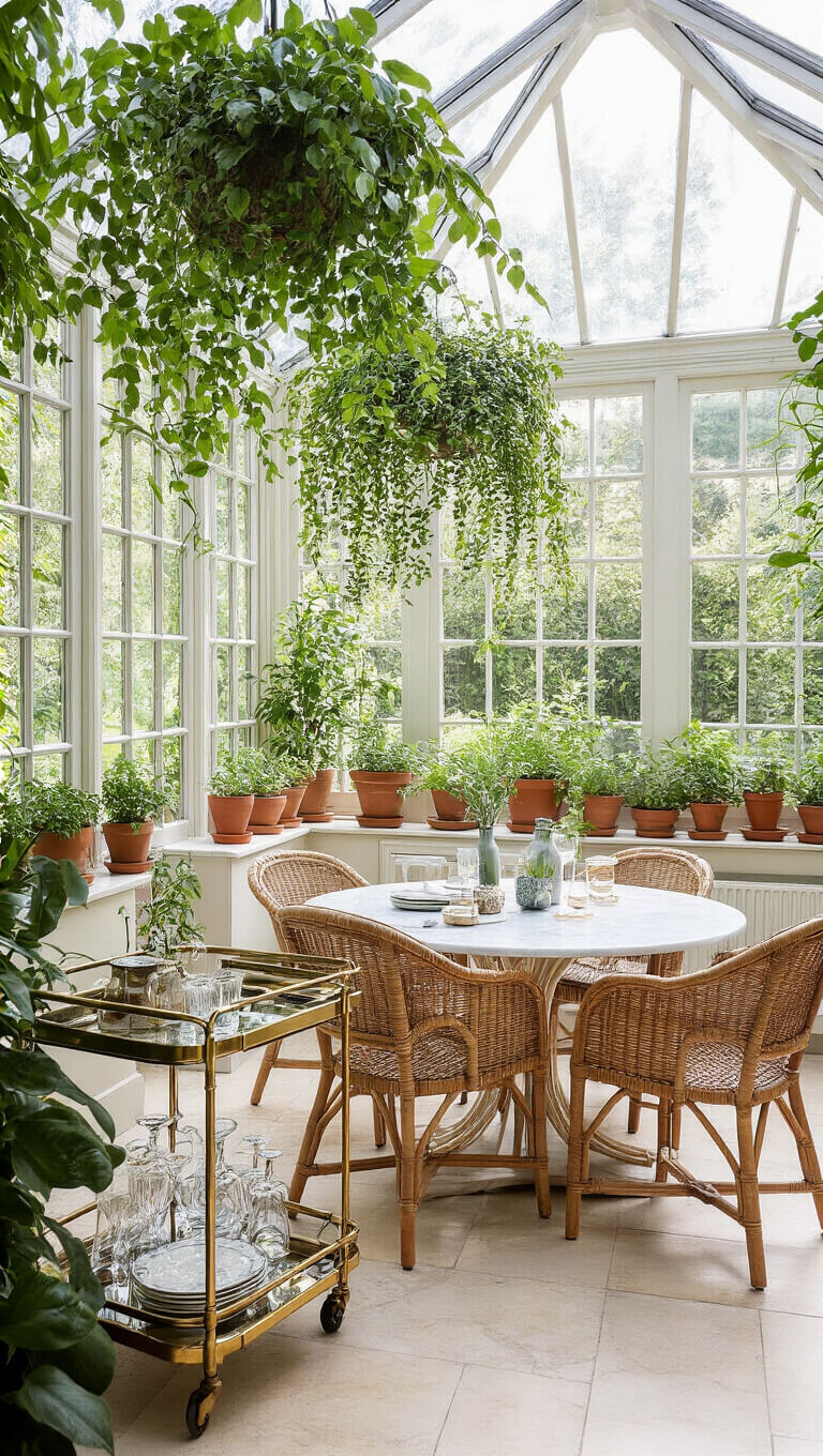 Bright conservatory dining space with glass ceiling, trailing plants, rattan chairs around marble table, brass bar cart, and terracotta herb pots by windows.