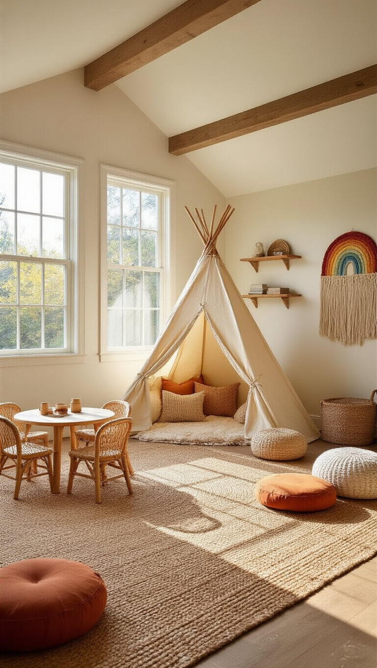 Sunlit playroom with vaulted ceilings, cream canvas teepee, rattan play table, rust and cream textiles, and boho decor in golden afternoon light.
