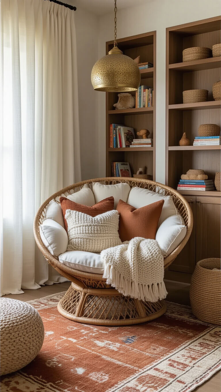Cozy reading nook with rattan peacock chair, ivory throw, earth-toned pillows, surrounded by walnut bookshelves and toys, lit by morning sun through sheer curtains.