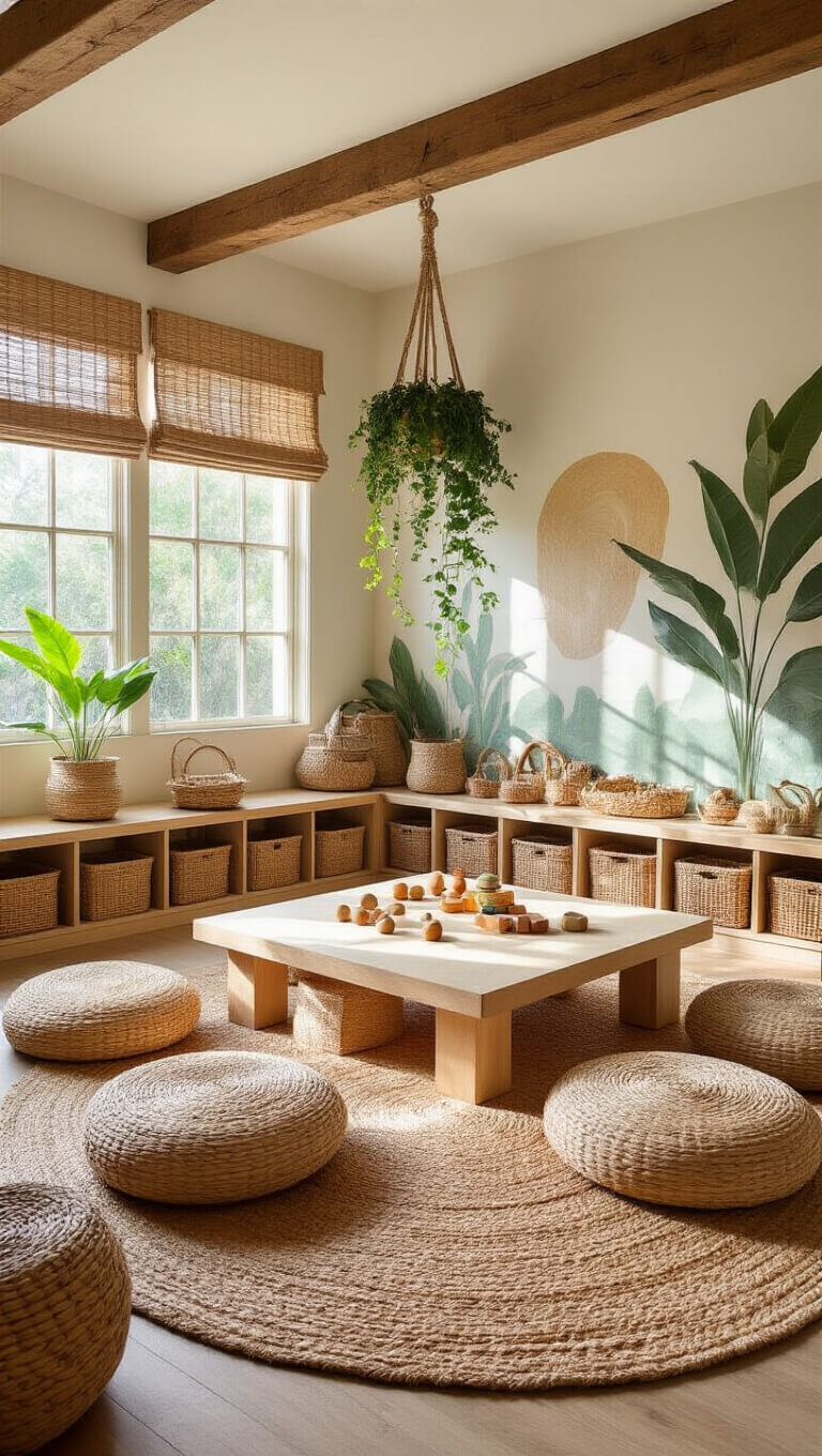Dynamic playroom with wooden activity table, woven cushions, natural toy storage, macramé plant hangers, jute rug, and earth-toned murals in sunlit room with exposed beams.