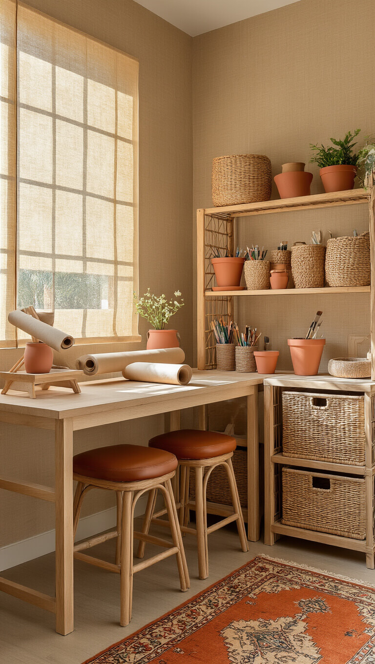 Cozy creative corner with handcrafted wooden art station, rattan shelving holding art supplies, vintage Persian runner, and warm textured walls bathed in late morning side light.