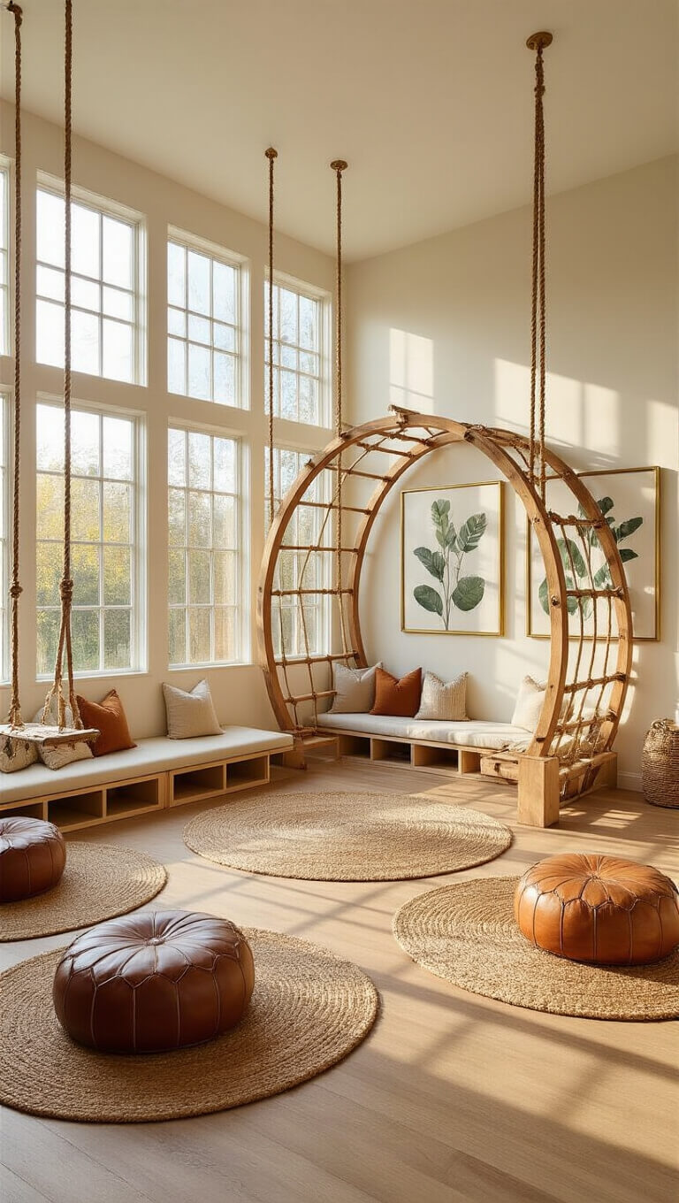 Expansive playroom with climbing arch, jute rug zones, modular seating, macramé swings, and botanical prints, lit by golden hour through tall windows.