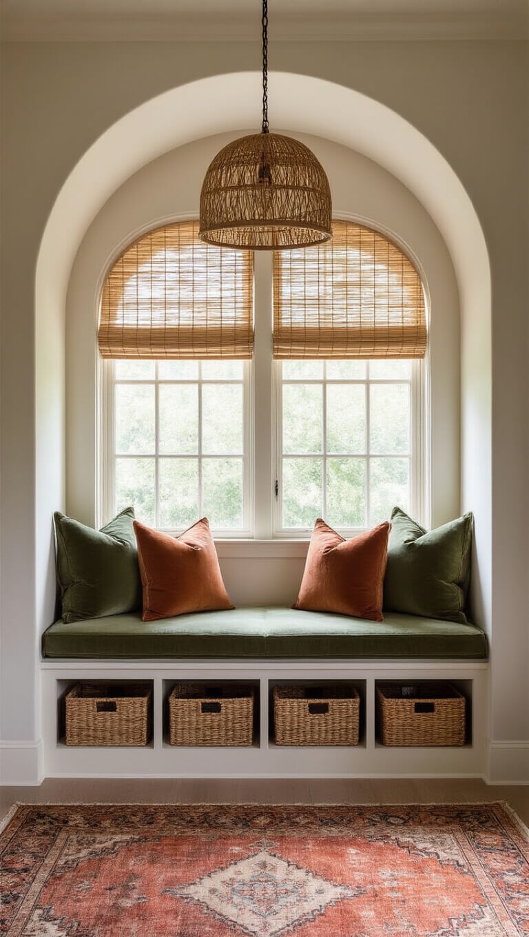 Cozy alcove with arched window, moss green velvet window seat, earth-tone pillows, built-in shelves, and soft natural light filtering through bamboo blinds.