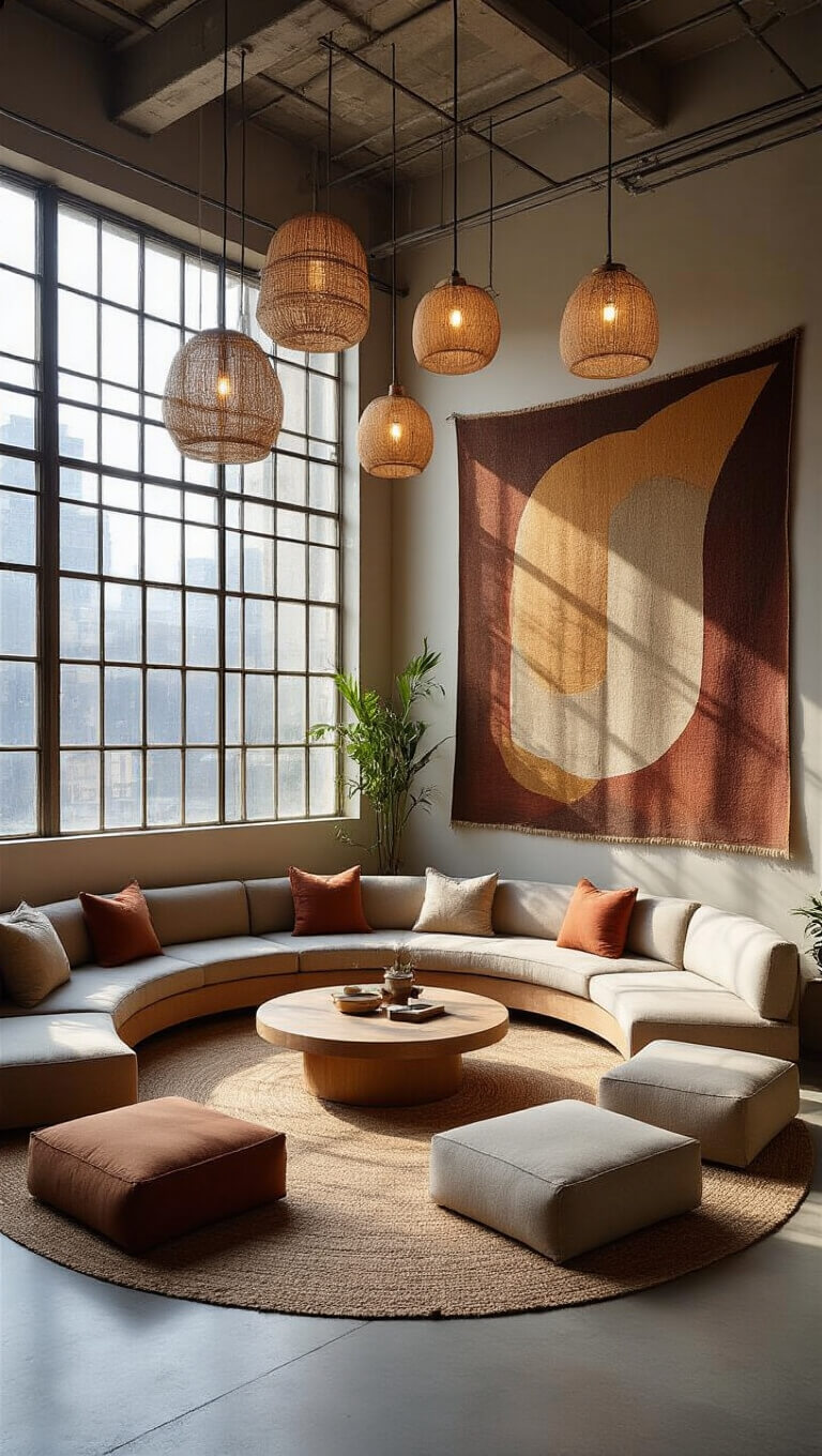 Modern circular conversation pit with curved boucle seating and floor cushions in sunlit industrial loft, viewed from above.
