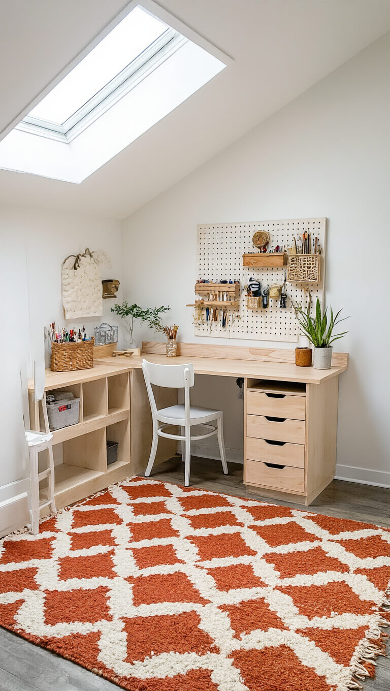 Compact creative studio with skylights, maple craft table, pegboard organizers, white vintage chairs, Moroccan rug, and string art wall installation.