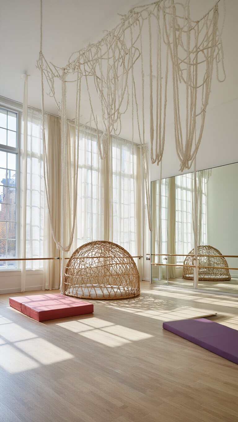 Bright, airy movement zone with double-height windows, tumbling mats, rattan climbing dome, rope elements, and ballet barre in natural morning light.