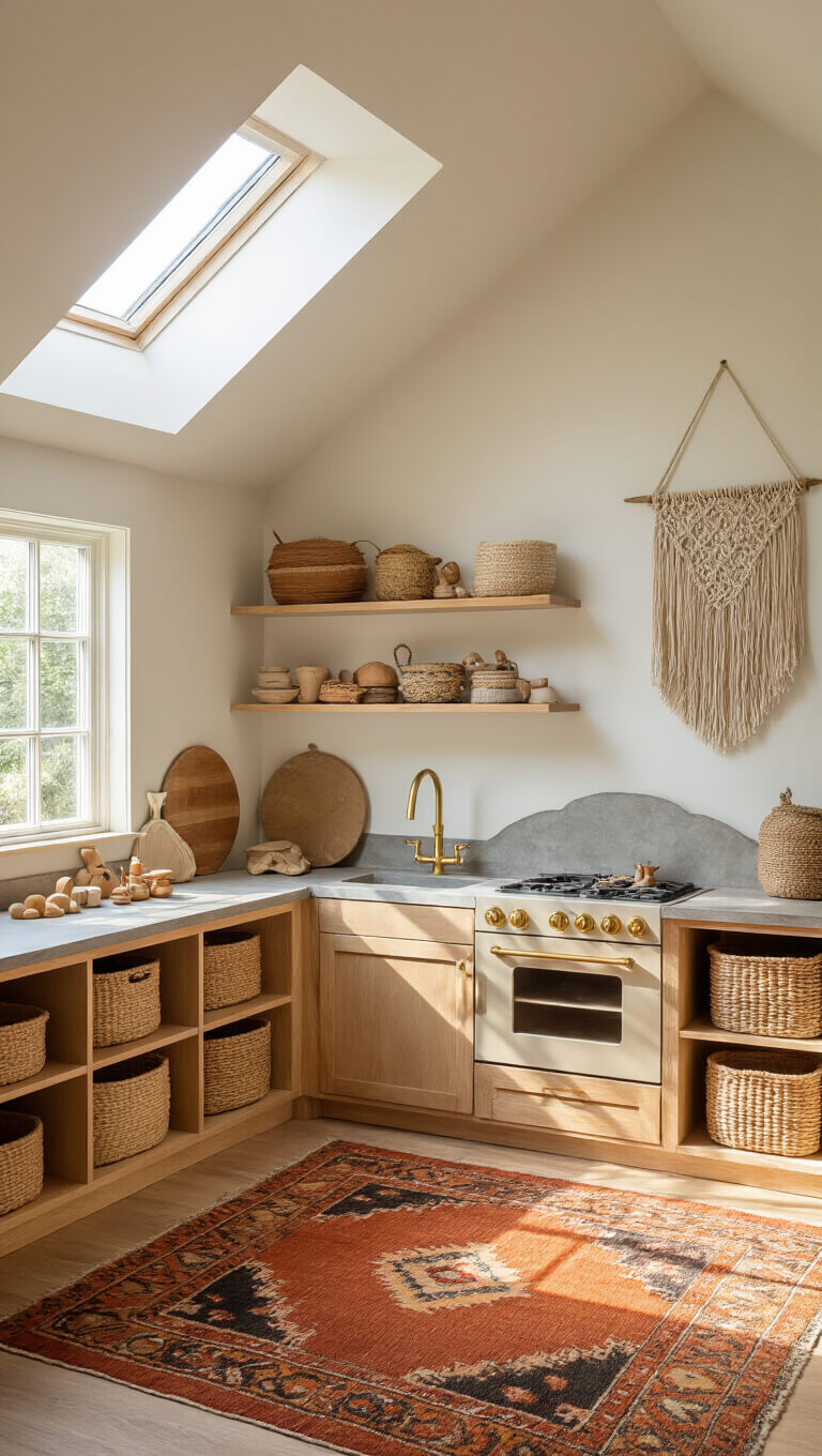 Child’s-eye view of cozy 16x14ft play area with wooden play kitchen, natural toys, vintage kilim rug, and warm afternoon light under pitched ceiling.