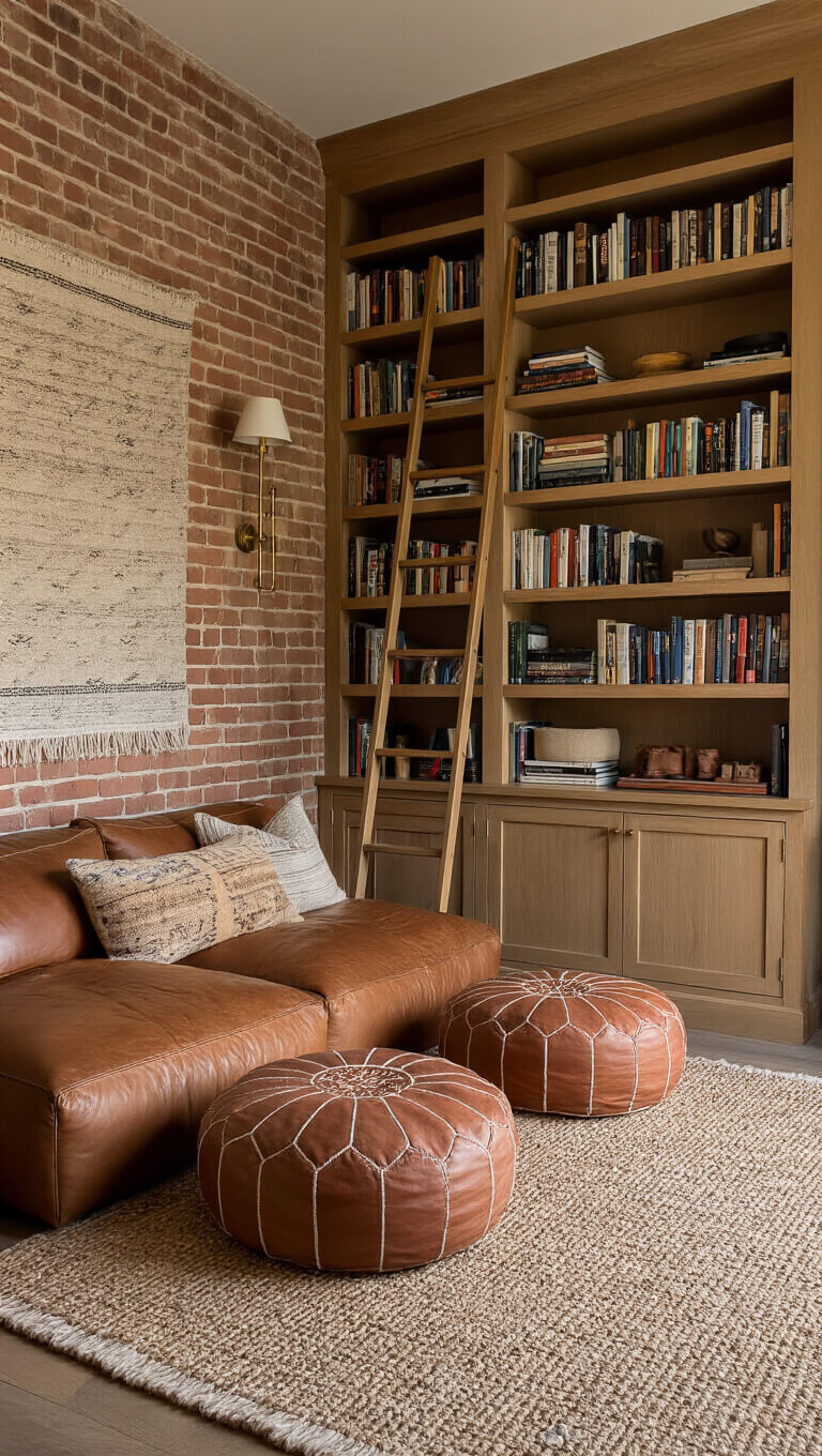 Cozy 10x12ft reading retreat with exposed brick wall, oak bookshelf with ladder, leather cushions, Moroccan poufs, and warm afternoon lighting.