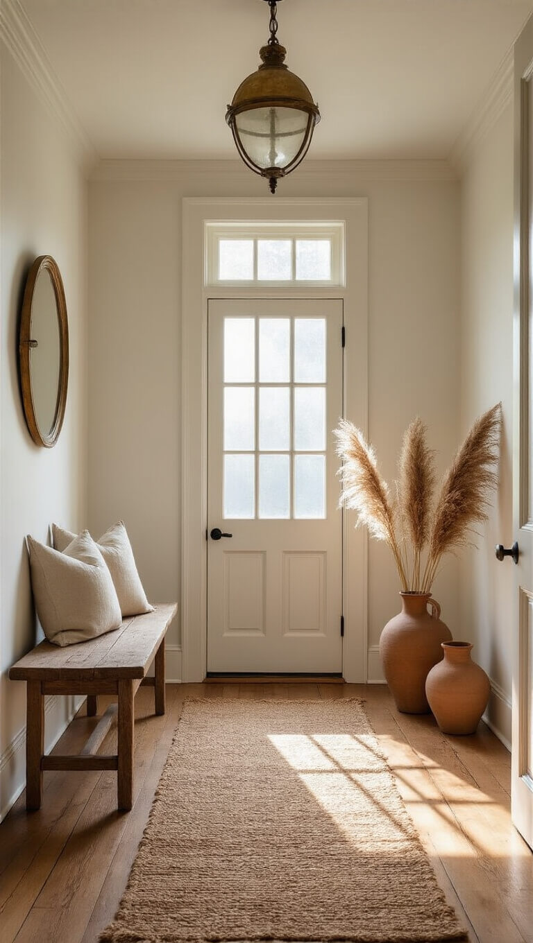 Sunlit entryway with high ceilings, weathered oak bench, brass mirror, jute runner, clay vessels with pampas grass, and warm natural lighting.