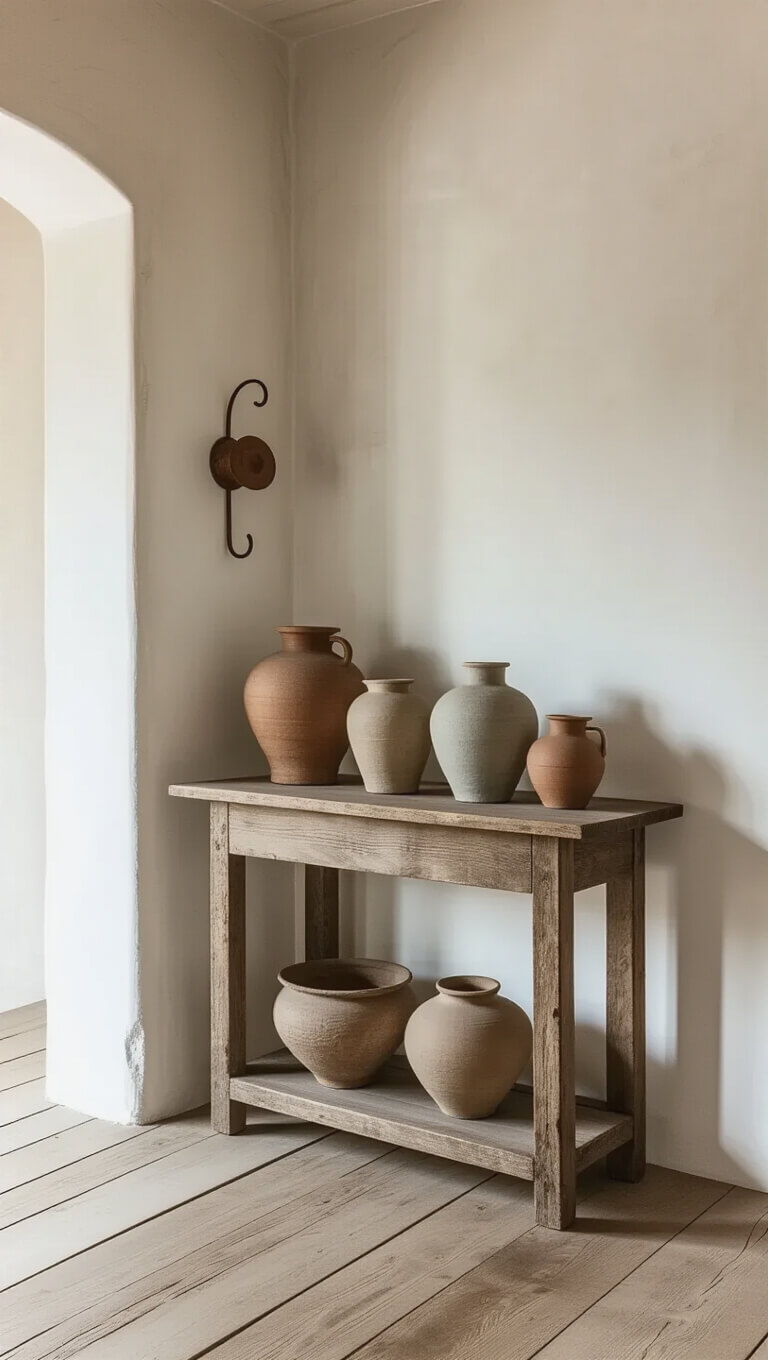 Warm, sunlit entryway corner with whitewashed plaster walls, vintage pine console table, unglazed ceramic vessels, and aged copper wall hook, evoking an organic, contemplative mood.