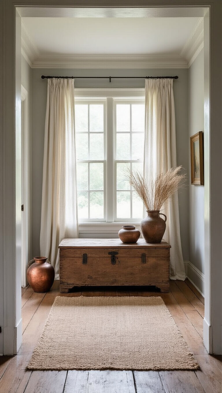 Airy 9x12ft entryway with aged crown molding, worn wooden chest, hand-loomed textiles, copper vessels with dried grasses, and sheer linen curtains in soft morning light.
