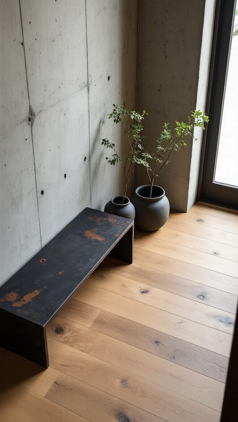 Modern 8x10ft entryway with raw concrete walls, smooth knotty maple flooring, rust-patterned blackened steel bench, and ceramic planters with minimal greenery, shot from above to highlight contrasting textures and wabi-sabi aesthetic.