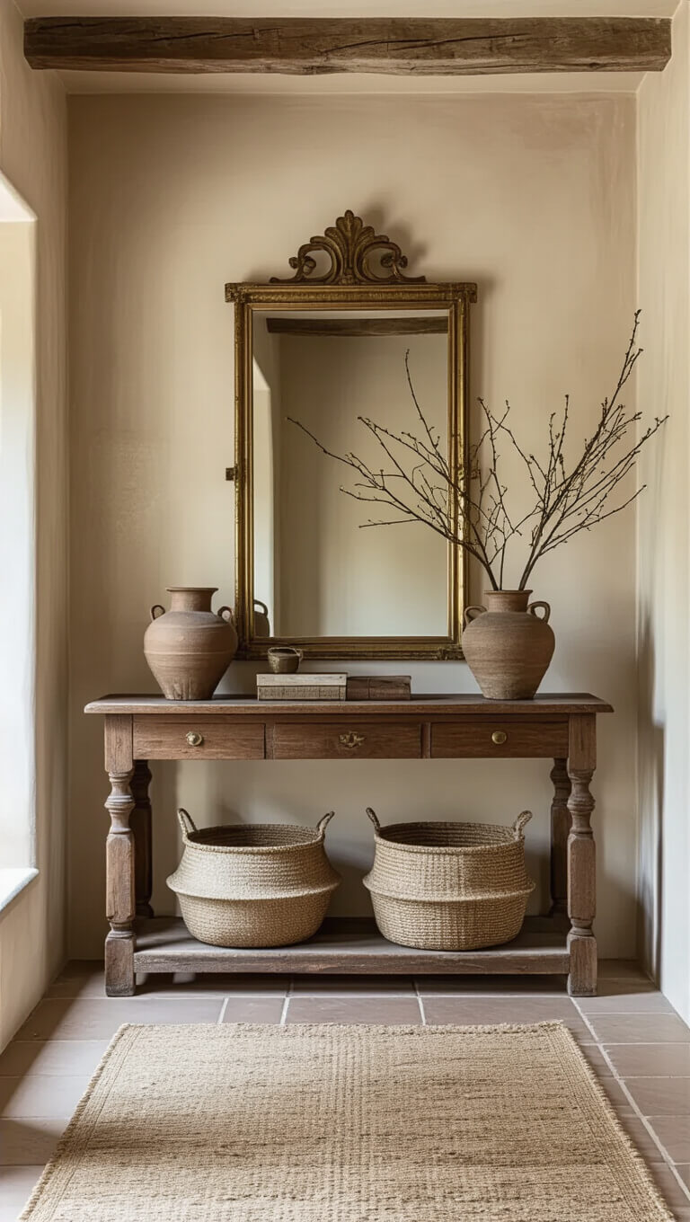 Low-angle view of a traditional 6x8ft entryway with hand-plastered beige walls, an antique oak console, woven baskets, a patinated brass mirror, and fresh branches in weathered pottery, bathed in soft afternoon light.