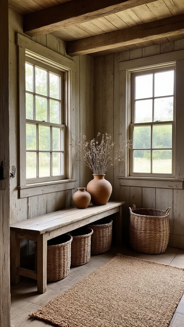 Rustic 8x12ft farmhouse entry with aged wooden beams, vintage pine bench, woven baskets, and earth-toned pottery holding dried botanicals, lit by natural light through muntined windows.