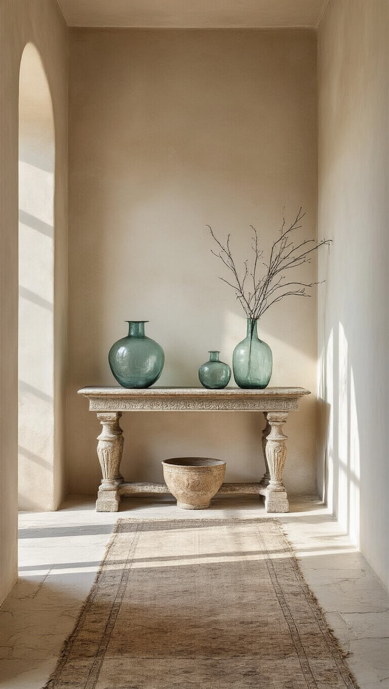 Elegant 9x10ft entry foyer with aged Venetian plaster walls, worn limestone floors, antique console table, sea-toned glass vessels, and faded vintage runners in soft afternoon light.