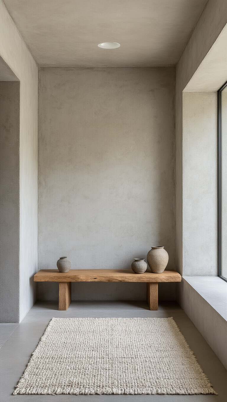Minimalist 7x8ft entryway with board-formed concrete walls, floating live-edge oak bench, ivory and gray wool runners, and ceramic vessels; top-down view with directional lighting highlighting textures.