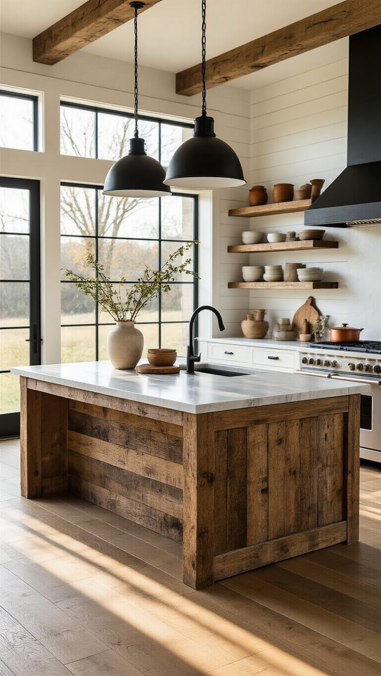 Modern rustic kitchen with reclaimed wood island, marble countertop, black pendant lights, and natural golden hour lighting through large windows.