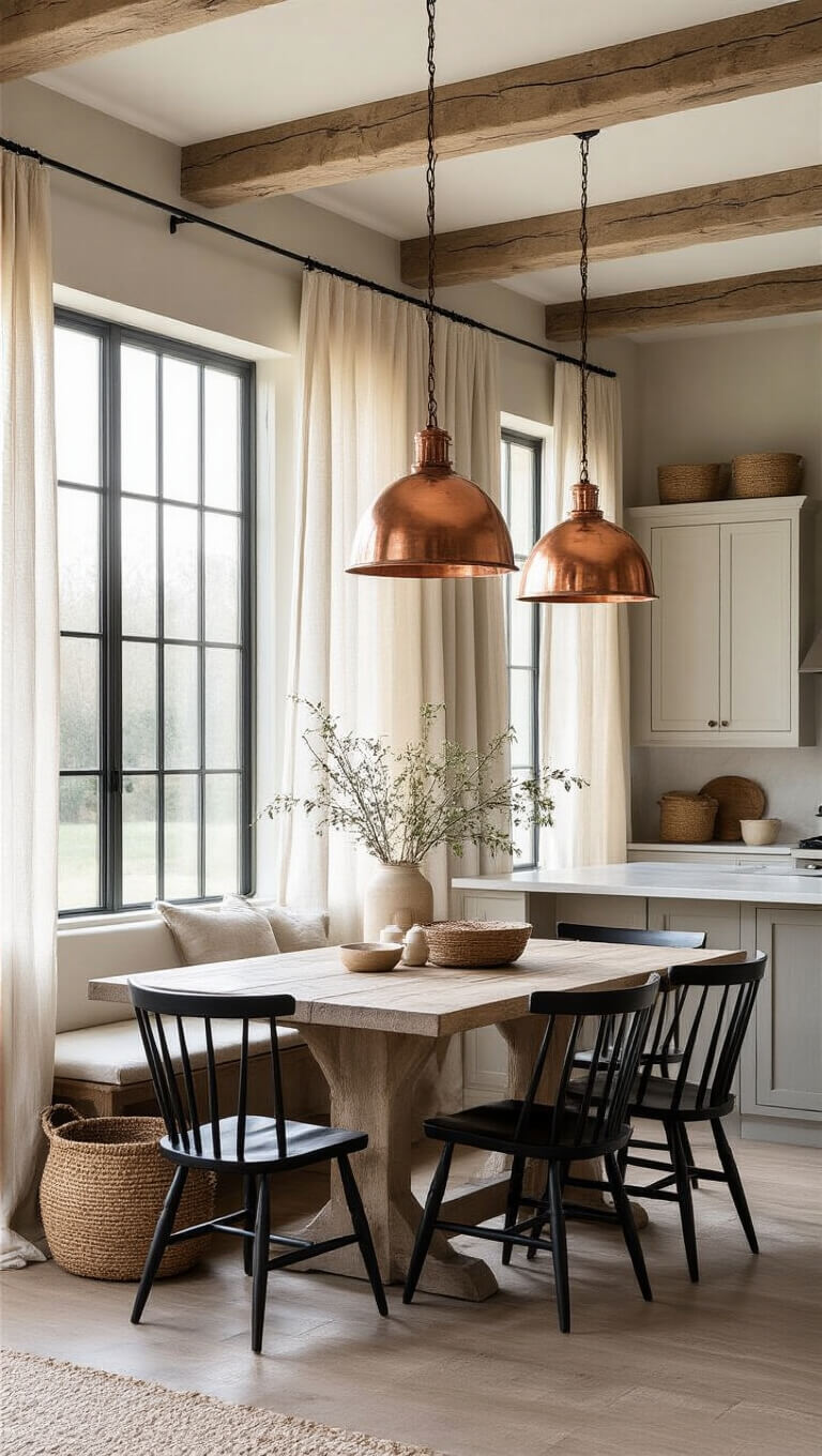 Expansive kitchen at dawn with 8ft oak table and black Windsor chairs in breakfast nook, soft morning light through linen curtains, copper pendants glowing, exposed beams on high ceiling, and rustic decor elements.