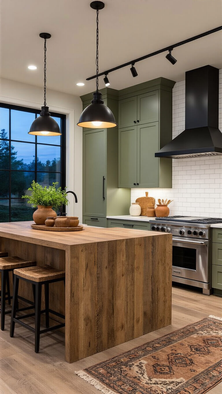 Open-concept kitchen at twilight with rustic wood island, sage green cabinets, concrete finishes, and vintage runner on wide plank floors.