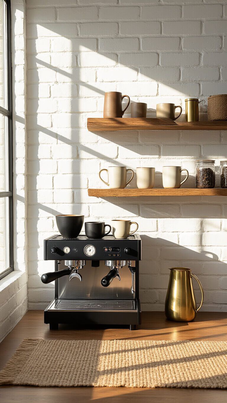 Cozy morning coffee station with handmade mugs on wooden shelves, matte black espresso machine, and warm sunlight casting shadows on white brick wall.