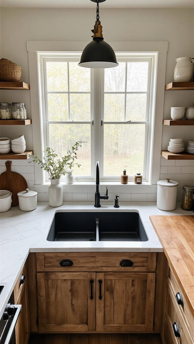 Overhead view of a modern kitchen with quartz and butcher block countertops, farmhouse sink under window, mixed metal fixtures, and open shelving with white ceramics.
