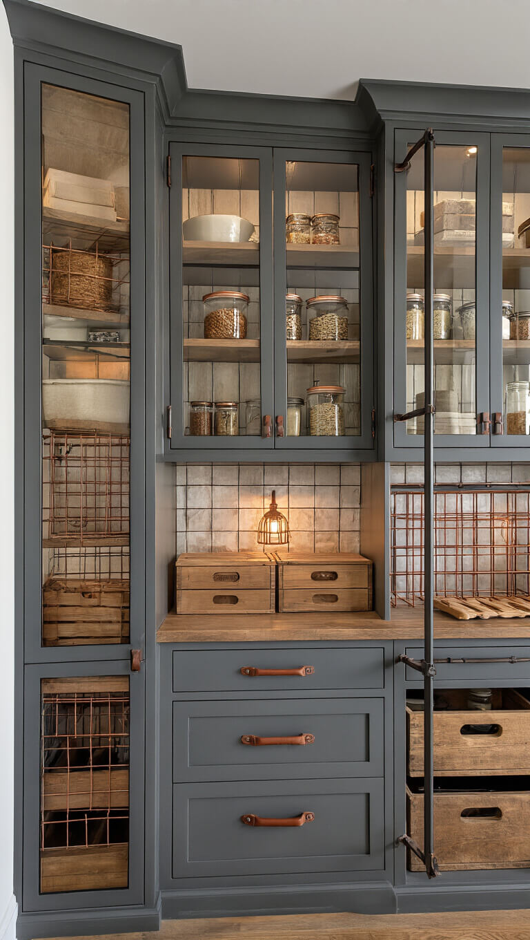 Detail view of a modern rustic pantry with glass-front iron cabinets, leather pulls on grey cabinetry, copper baskets, wooden crates, and ambient accent lighting.