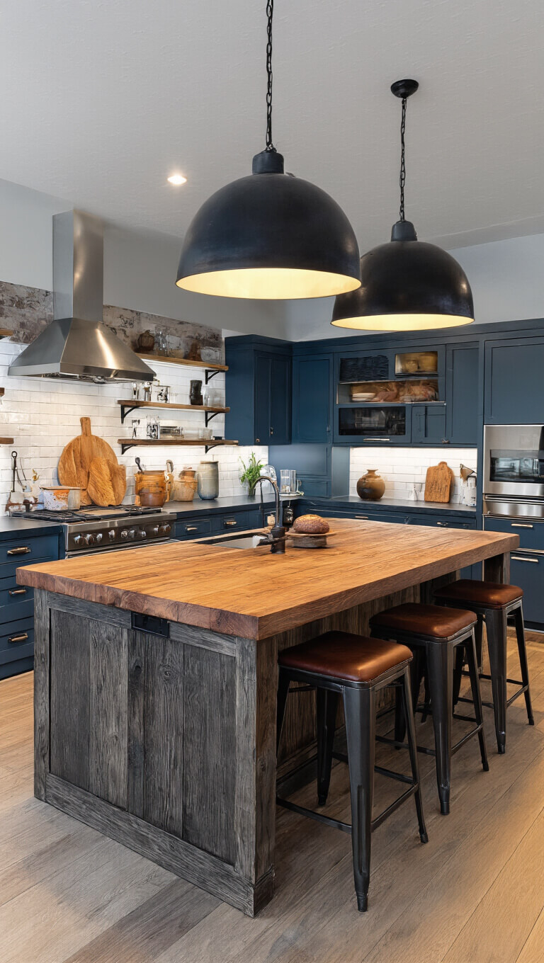 Moody kitchen island at blue hour with leathered granite, industrial bar stools, black pendant lights, and vintage decor.