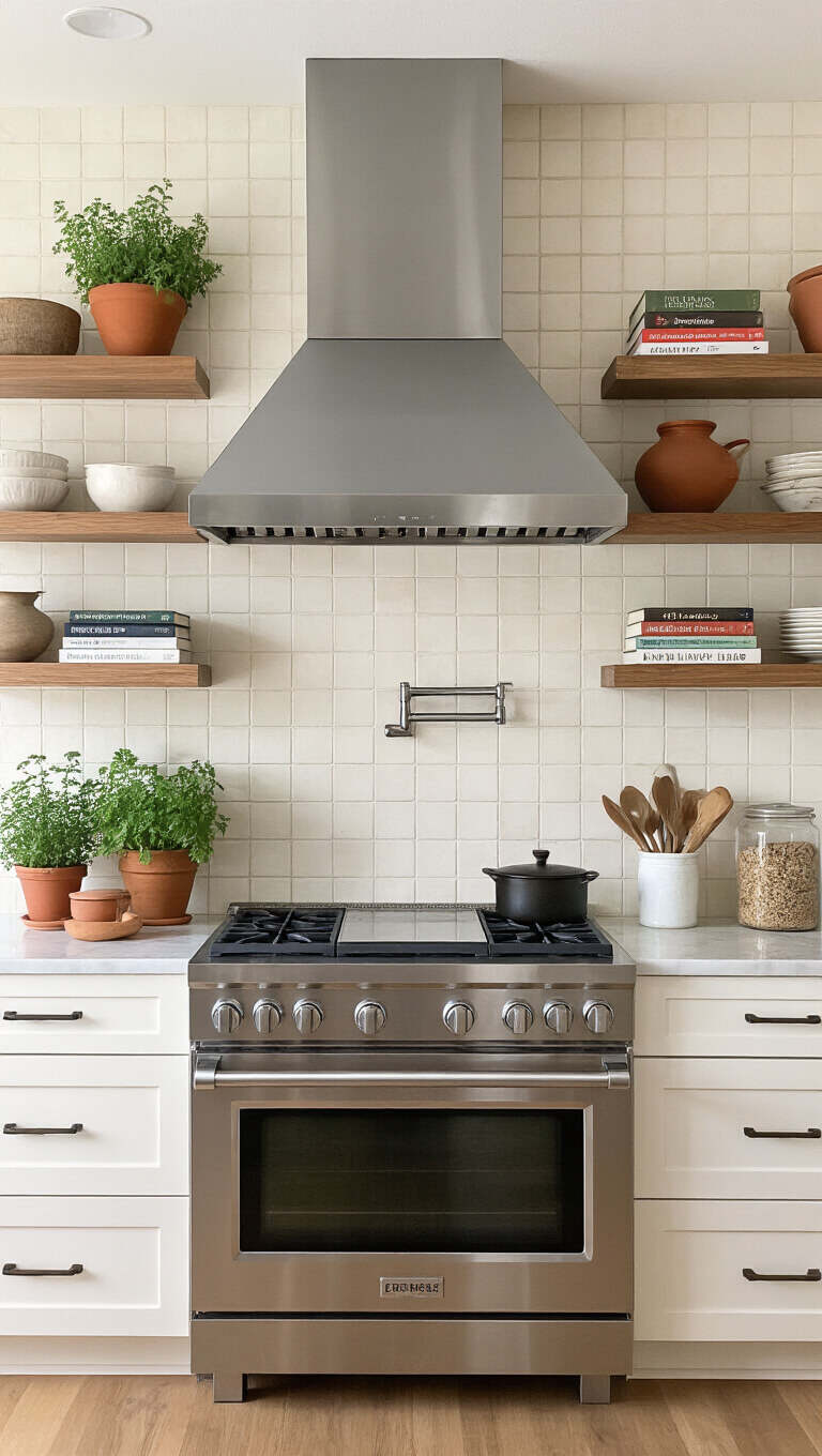 Modern kitchen with stainless steel range under custom zinc hood, open shelves with cookbooks and earthenware, handmade tile backsplash, and terracotta pots with fresh herbs.