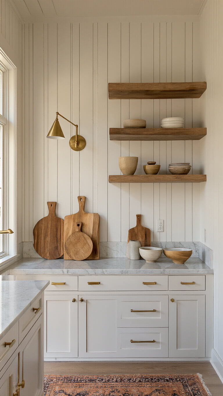 Sunlit kitchen prep area with marble countertop, shiplap walls, brass sconces, open shelves with cutting boards and ceramics, vintage rug, and warm golden hour lighting.