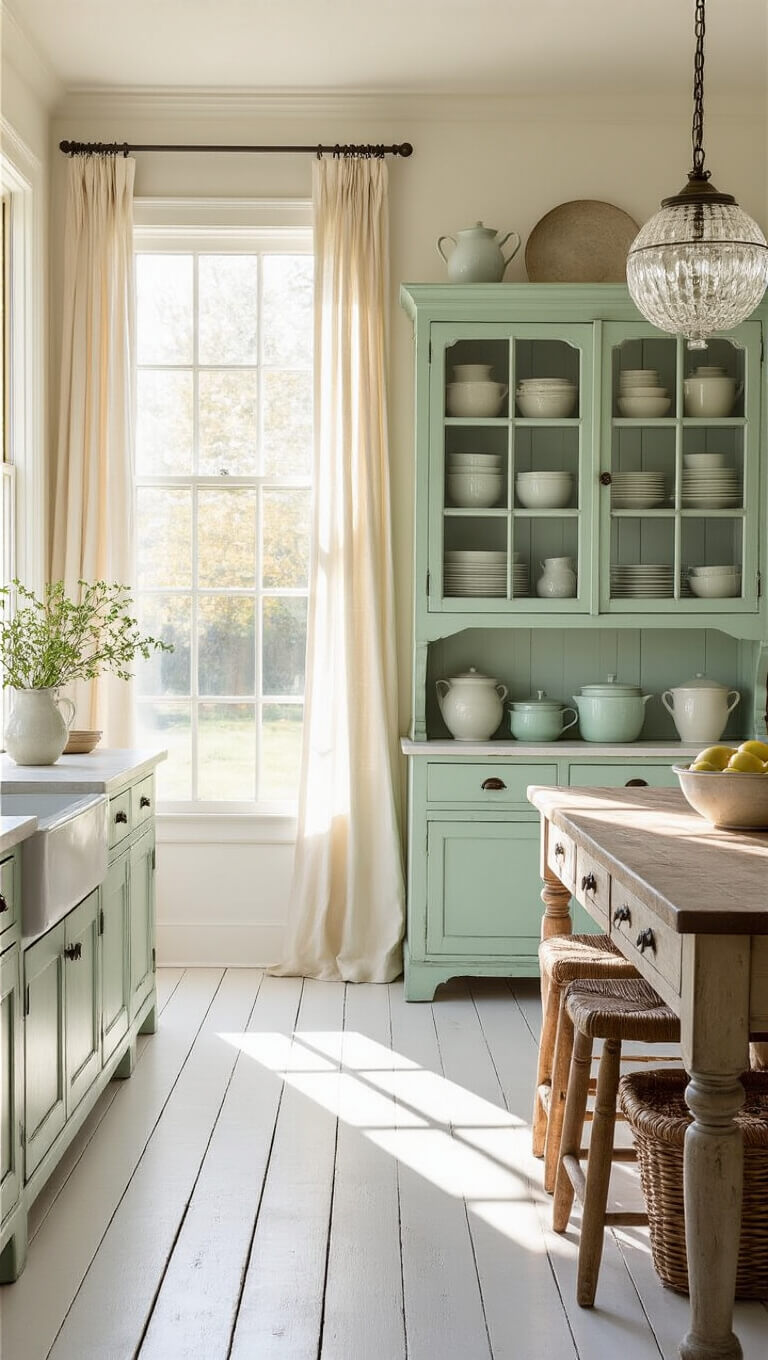 Sunlit farmhouse kitchen with mint-green hutch, vintage enamelware, and floor-to-ceiling windows filtering golden hour light through sheer curtains.