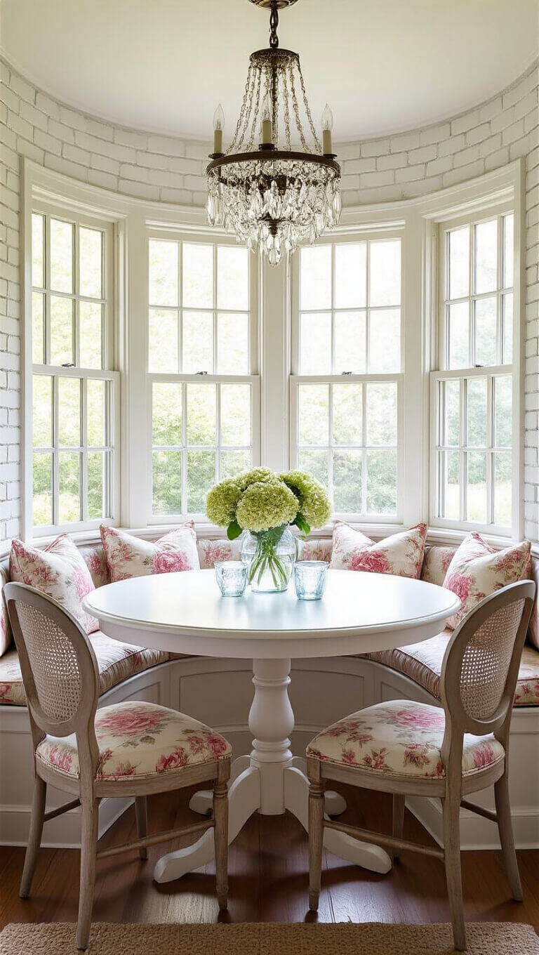 Cozy corner breakfast nook with curved bay window, floral cushioned window seat, vintage table and chairs, hydrangeas in mercury glass vases, whitewashed brick walls, crystal chandelier, and French doors to garden in soft morning light.