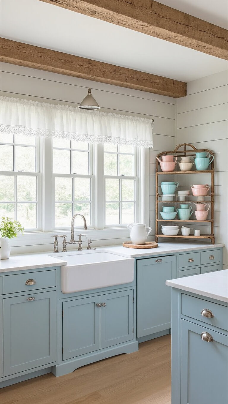 Open concept kitchen with exposed wooden beams, soft blue cabinets with crystal knobs, white farmhouse sink under curtained window, and antique baker's rack displaying pastel bowls, viewed from staircase in natural mid-morning light.
