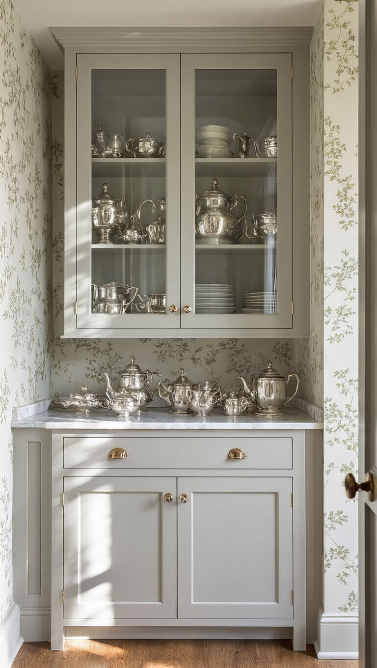 Intimate 6'x8' butler's pantry with dove gray glass-front cabinets, vintage silver tea sets on marble shelf, botanical wallpaper, and afternoon light casting dramatic shadows.