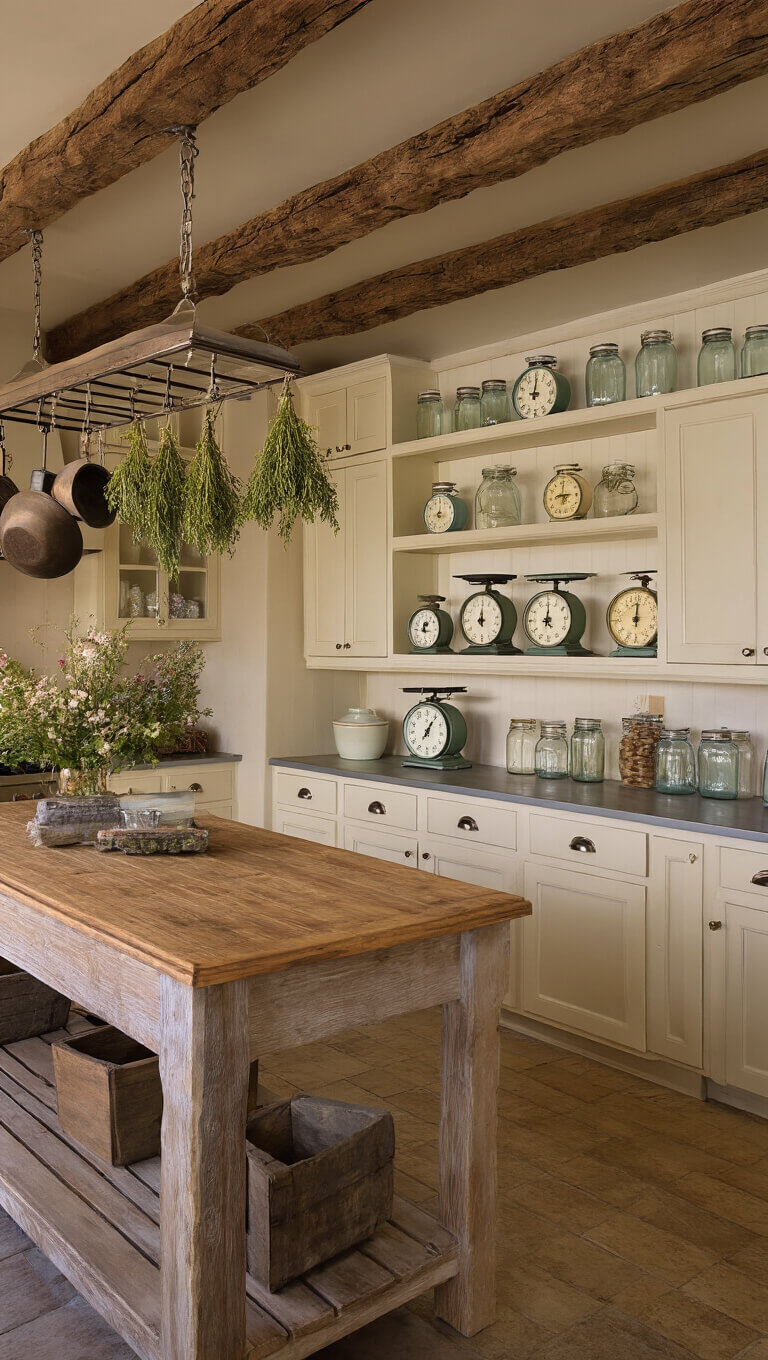 Country kitchen at twilight with cream cabinets, vintage pastel scales on open shelves, weathered wood island with zinc top, mason jars glowing in mixed lighting, and dried herbs hanging from a pot rack beneath rough-hewn ceiling beams.