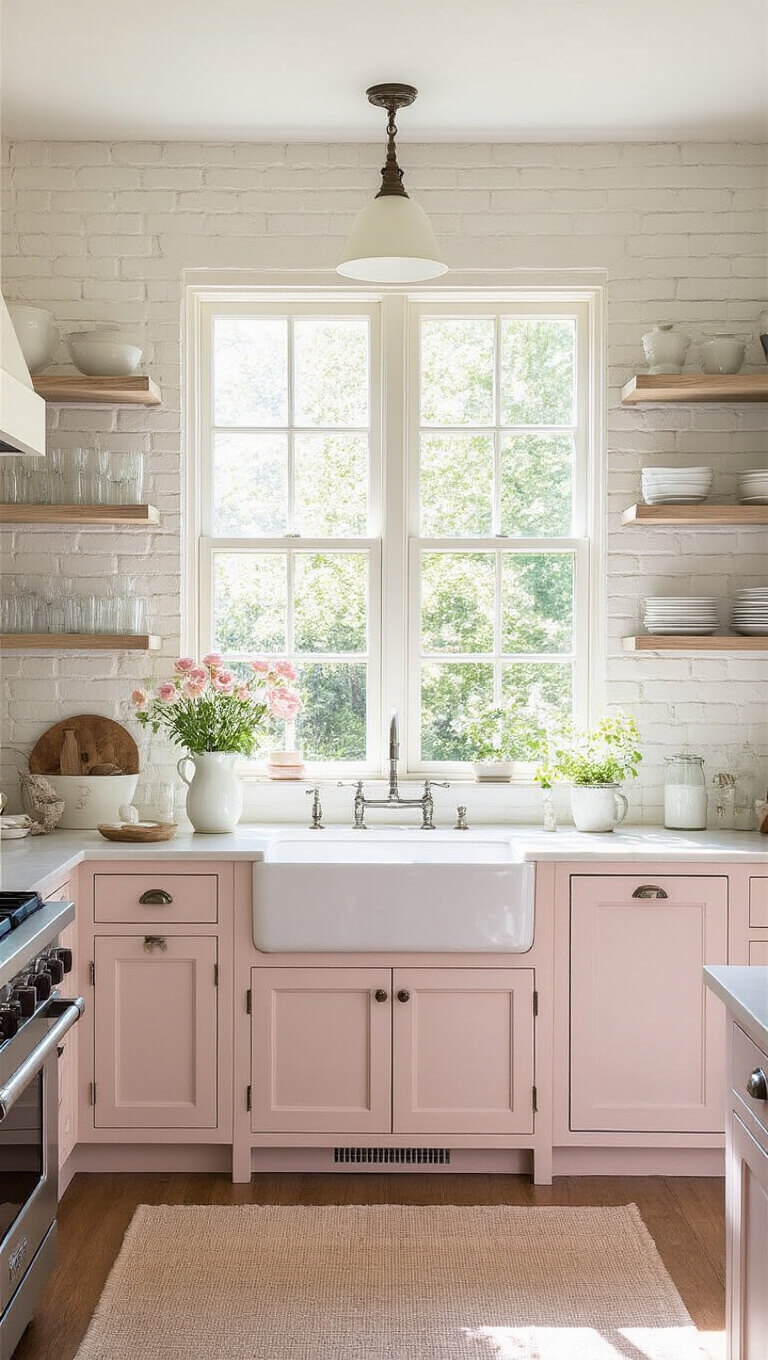 Softly lit breakfast kitchen with pale pink cabinets, open shelves displaying milk glass, ruffled curtains, and climbing roses visible through east-facing windows.