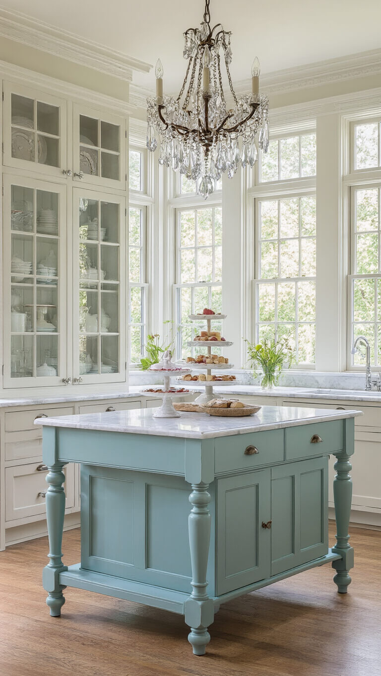 Victorian-style kitchen with marble island and glass-front cabinets in bright natural light from tall, ornate windows.