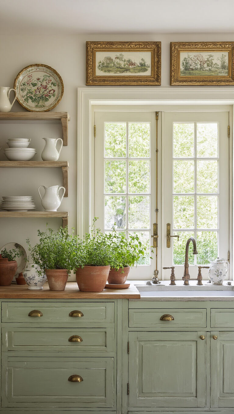 Spring morning kitchen with sage green cabinets, open shelves displaying ironstone, and French doors opening to a cottage garden.