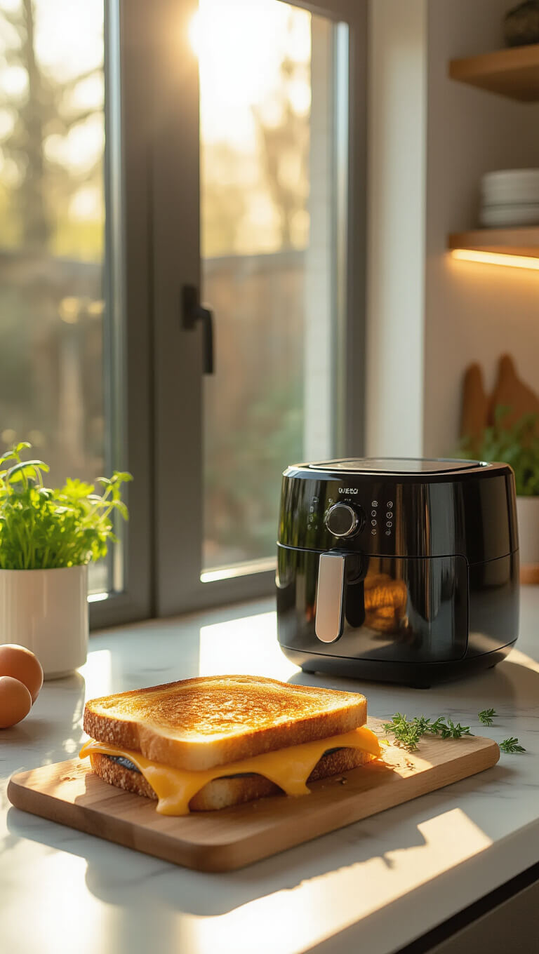 Golden hour light fills a modern kitchen, highlighting a matte black air fryer and a crispy grilled cheese sandwich on a wooden cutting board with melted cheese stretching between halves.