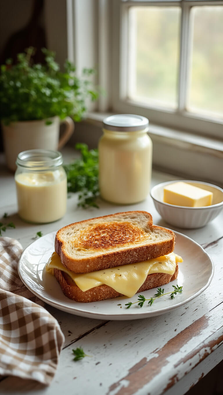 Overhead view of a vintage-style kitchen with a grilled cheese sandwich on sourdough atop a distressed farmhouse table, surrounded by a mayo jar, butter dish, fresh herbs, and a gingham napkin in warm natural light.