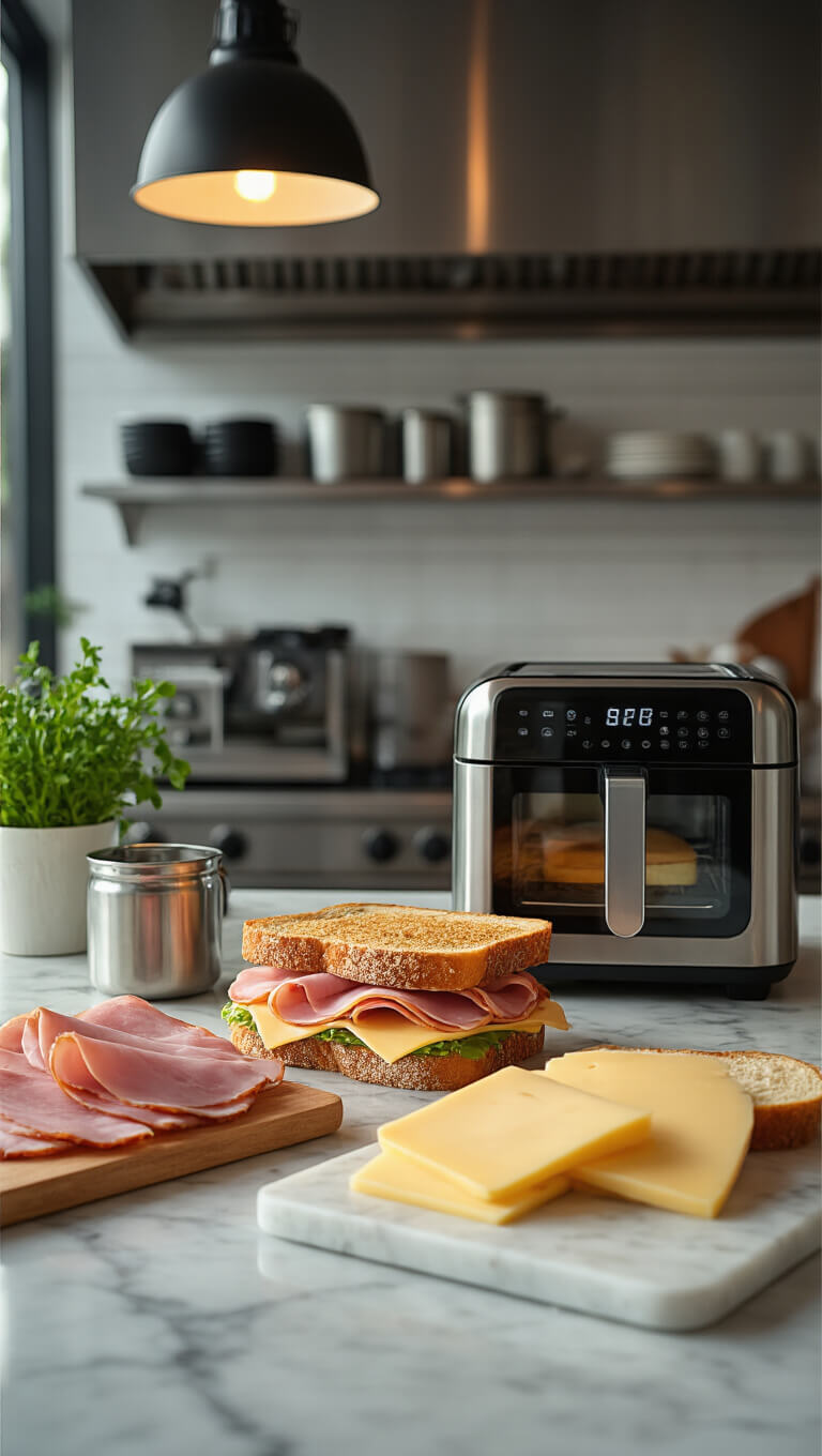 Ham and cheese sandwich ingredients on marble island in moody industrial kitchen with stainless steel appliances and dramatic lighting.
