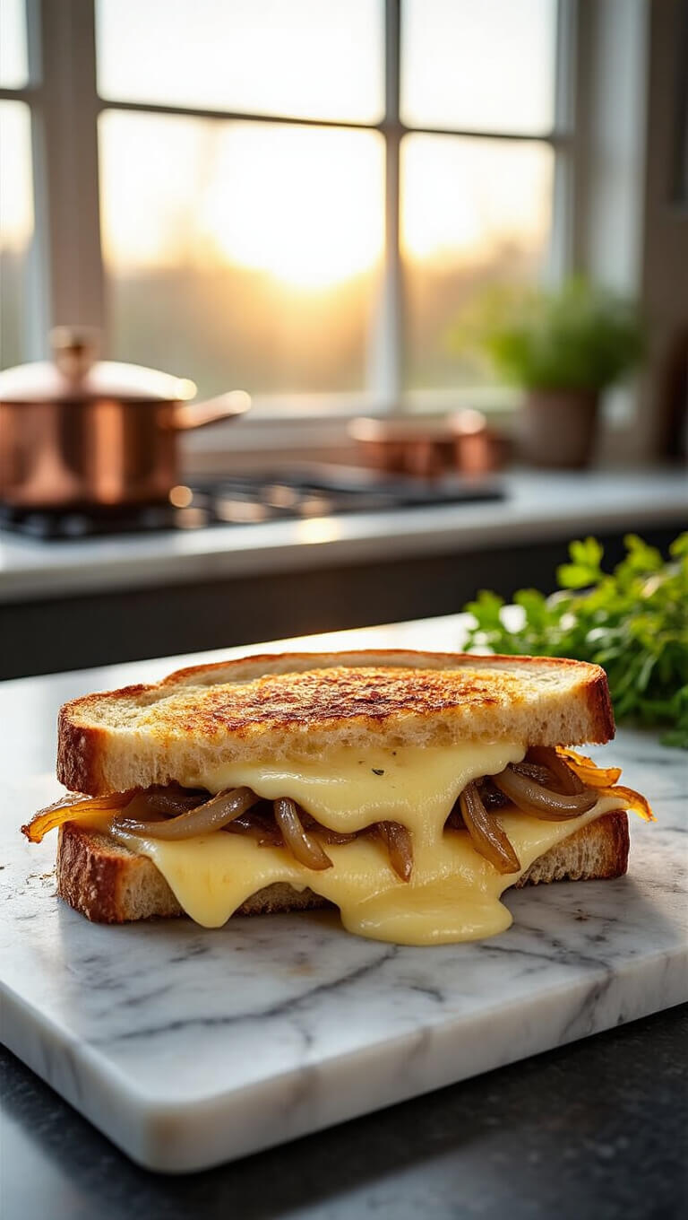 Gourmet gruyère grilled cheese with caramelized onions on marble island in moody upscale kitchen, warm evening light highlighting melted layers.