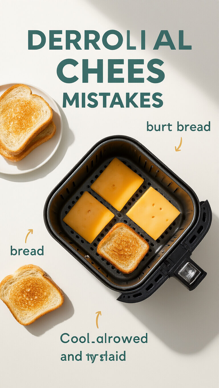 Overhead view of a clean, minimal kitchen workspace in morning light showing common grilled cheese mistakes—burnt bread, unmelted cheese, and an overcrowded air fryer basket—with labeled ingredients and explanatory text overlays.