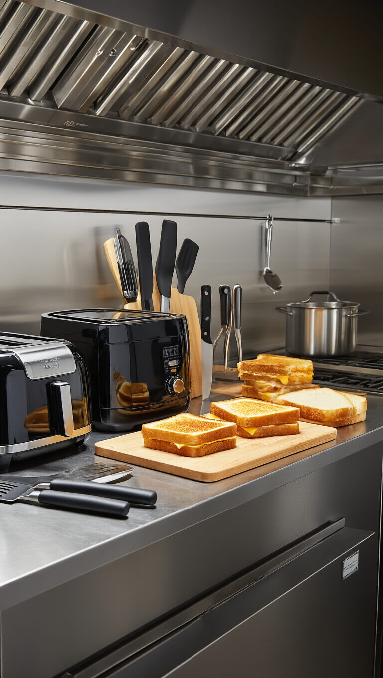Professional kitchen with stainless steel surfaces showcasing essential grilled cheese tools including air fryer, spatulas, cutting boards, and knives, all precisely arranged under strong directional lighting.