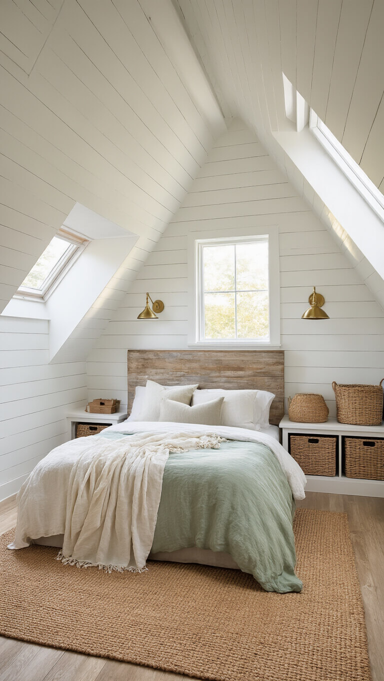 Cozy attic bedroom with whitewashed shiplap walls, queen bed in soft linens, dormer windows glowing with golden hour light, and rustic accents like brass sconces and rattan baskets.