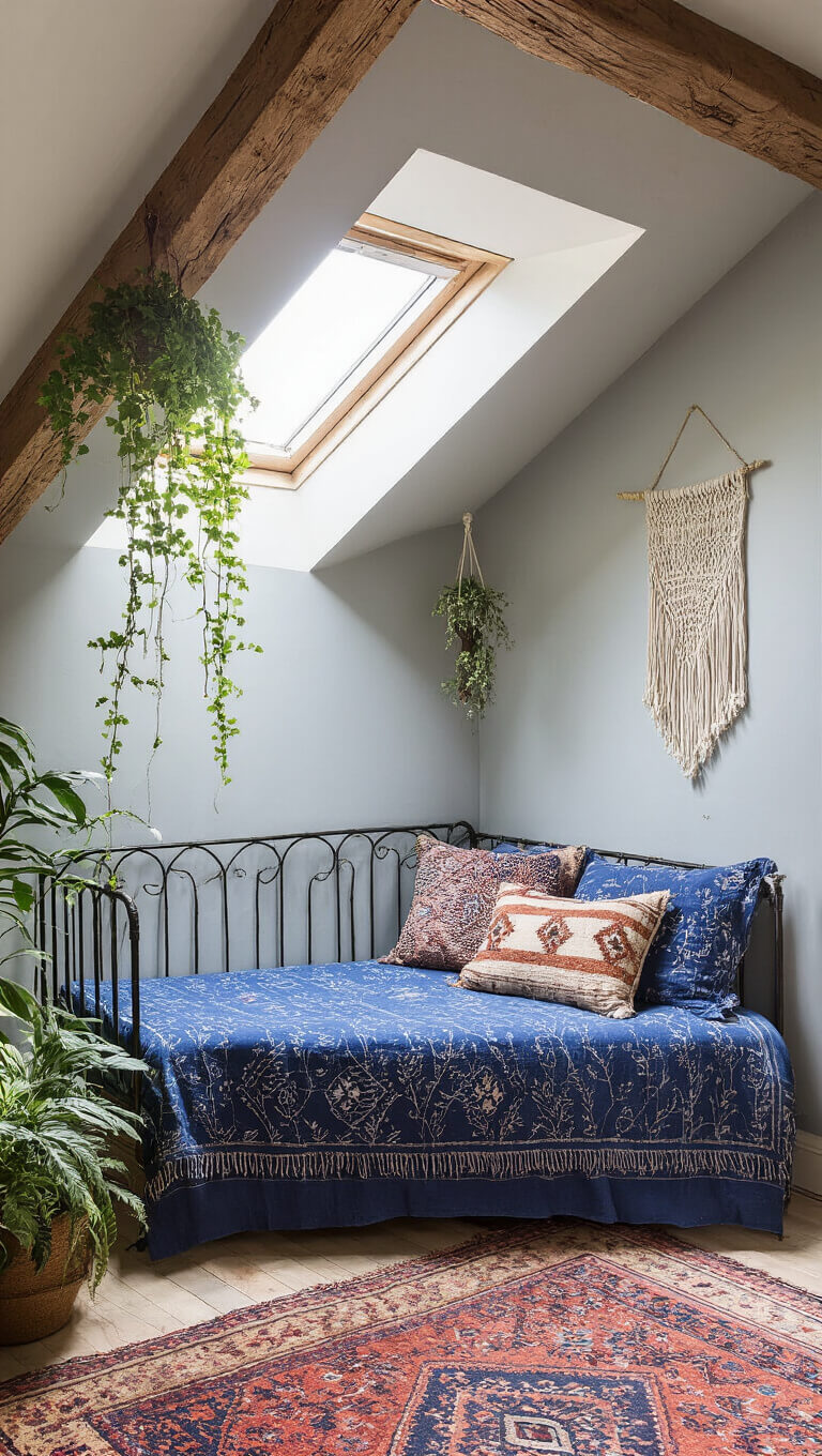 Cozy Bohemian attic bedroom with exposed beams, indigo textiles, macramé decor, and skylight-lit reading nook.