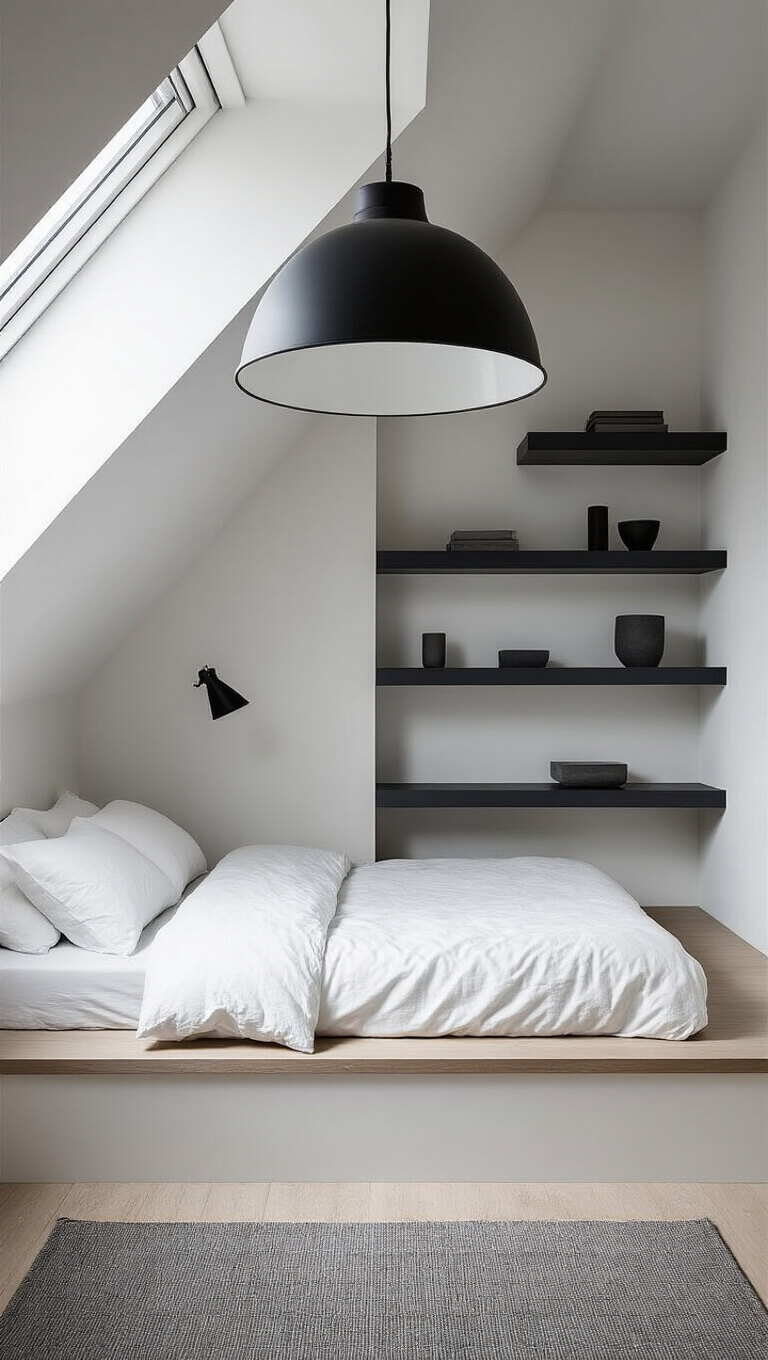 Modern minimalist attic loft with peaked ceiling, low platform bed, monochrome decor, and dramatic pendant lighting.