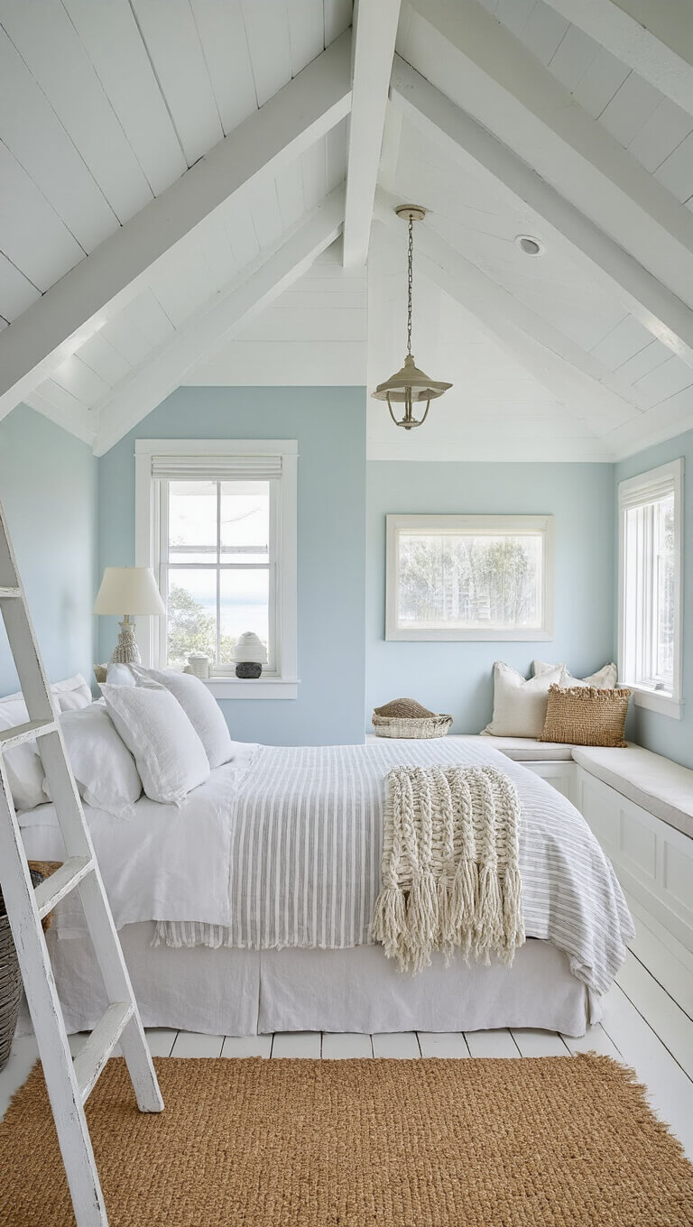Sunlit coastal attic retreat with pale blue-gray walls, white slip-covered bed, seagrass rug, and maritime decor in a bright, airy space.